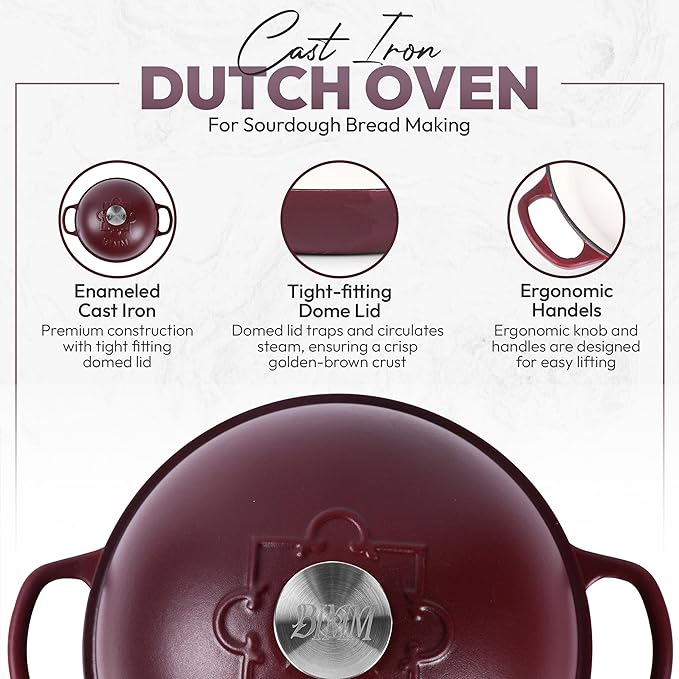 Cast Iron Dutch oven Pot with Lid for Sourdough Bread Baking – Versatile Bread Oven with Non-Stick Enamel Coating, Matte Finishing, Exquisite Embossed Pattern & Ergonomic Handles