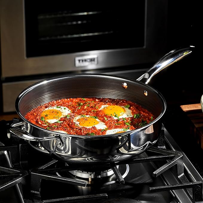 HexClad Hybrid Nonstick 3.3-Quart Deep Sauté Pan with Tempered Glass Lid, Stay-Cool Handle, Dishwasher-Friendly, Oven-Safe Up to 900°F, Induction Ready, Compatible with All Cooktops