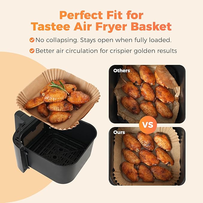 Tastee Air Fryer Liners 100Pcs - Design for 3-6QT Air Fryer Baskets, Oil-Absorbent Disposable Paper Liners, 450°F Heat Resistant, Custom Fit