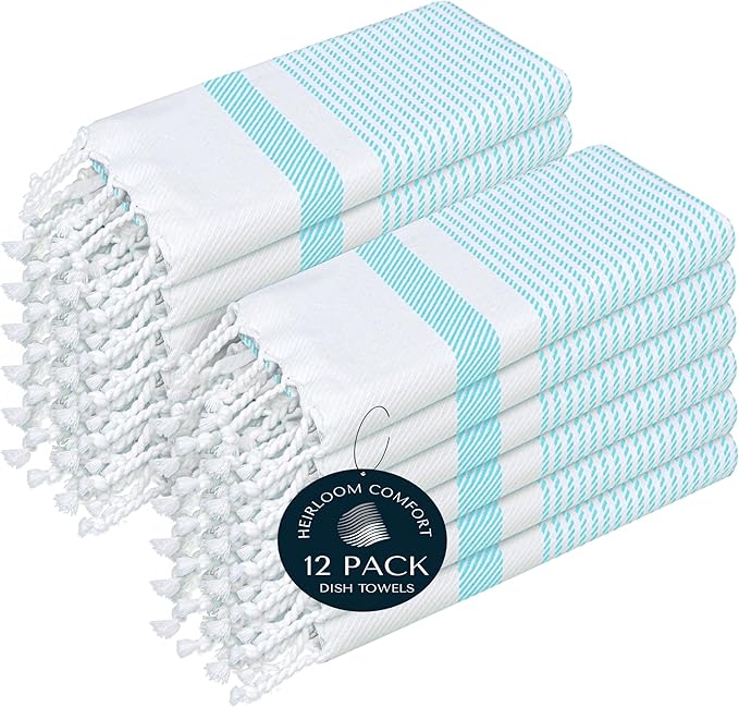 Aqua Blue Turkish Kitchen Towels 16x26 Inch, 12 Pack, 100% Cotton, Super Absorbent, Fast Dry, Machine Washable, Dish Towel with Tassels for Drying Dishes, Cleaning, Everyday Use