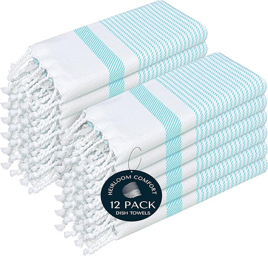 Aqua Blue Turkish Kitchen Towels 16x26 Inch, 12 Pack, 100% Cotton, Super Absorbent, Fast Dry, Machine Washable, Dish Towel with Tassels for Drying Dishes, Cleaning, Everyday Use