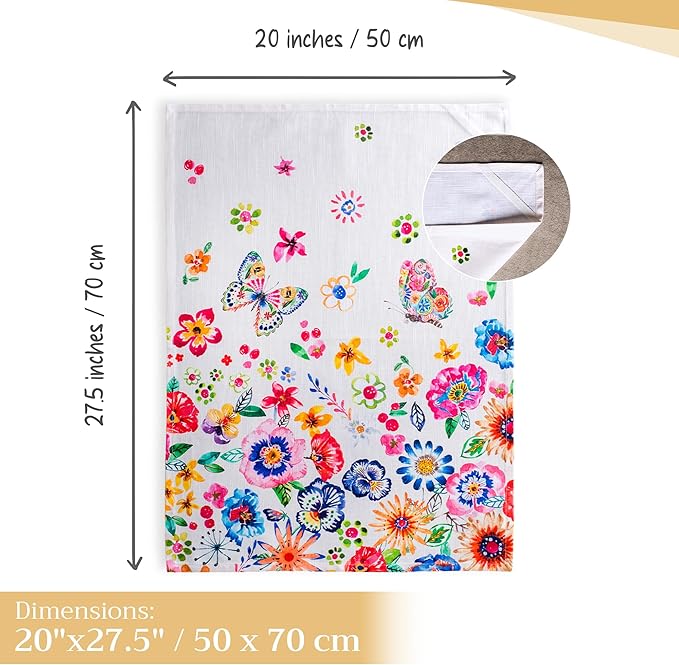 Maison d' Hermine Kitchen Towels Set of 3 100% Cotton 27.50" x 20" Reusable Cloth Tea Dish Towels Absorbent with Hanging Loop for Kitchen, Cocktail Parties Spring/Summer (Happy Florals - High Summer)