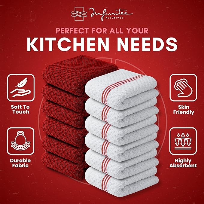 Infinitee Xclusives Premium Kitchen Towels - [Pack of 12] 100% Cotton Kitchen Hand Towels (15 x 25 Inches) - Dish Towels for Kitchen |Passionate Red|