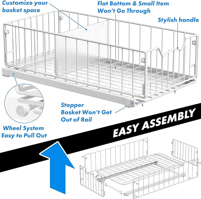 Simple Houseware Pull-Out Cabinet Sliding Basket Organizer, 17.2" D x 9.7" W x 5" H – White, Ideal for Kitchen and Bathroom Cabinet Storage, Under Sink or Pantry Organization