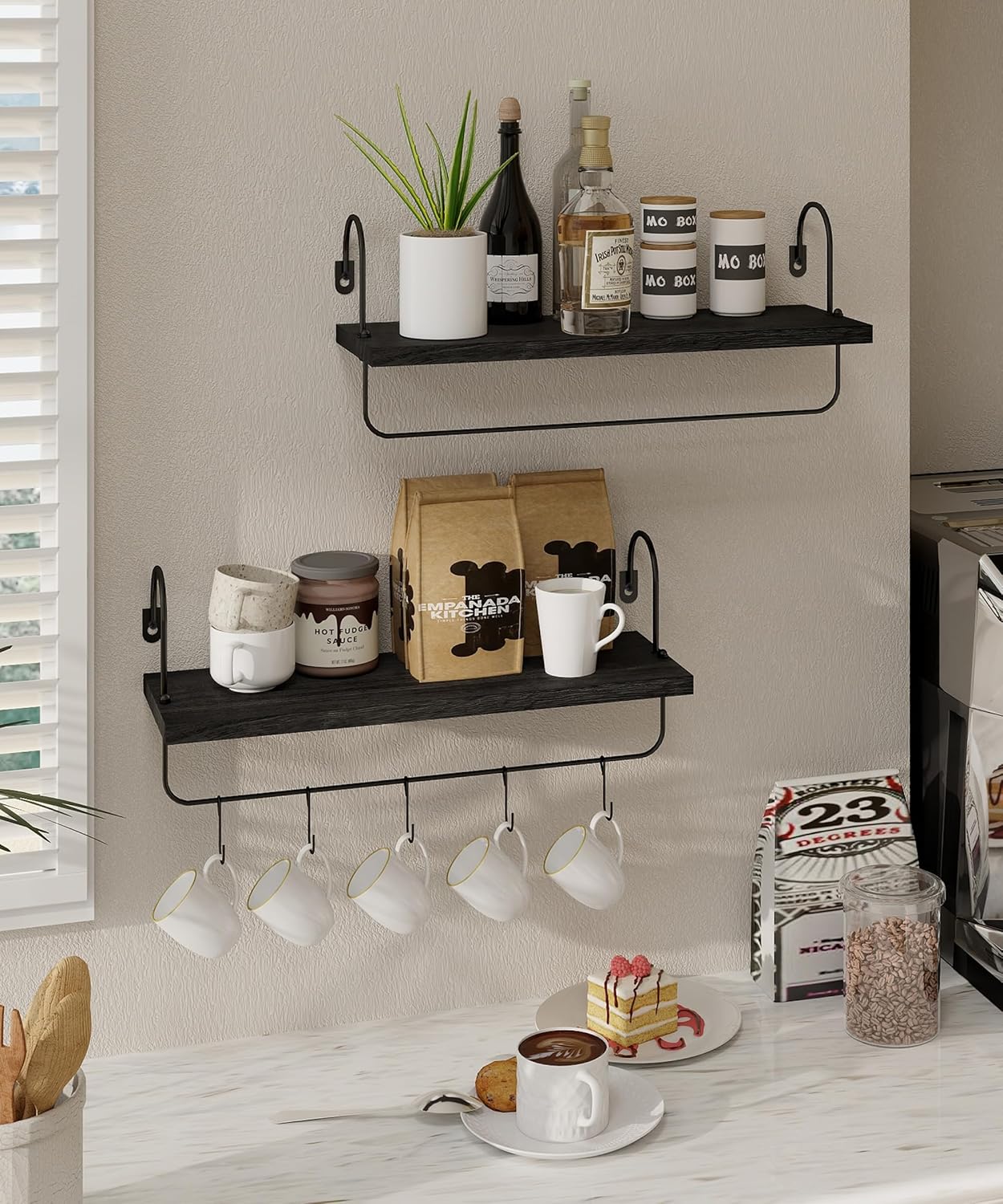 Coffee Mug Holder, Coffee Bar Shelf with Hooks Wall Mount Cup Organizer Mug Racks Pods Storage Hanger, Farmhouse Kitchen Decor, Black