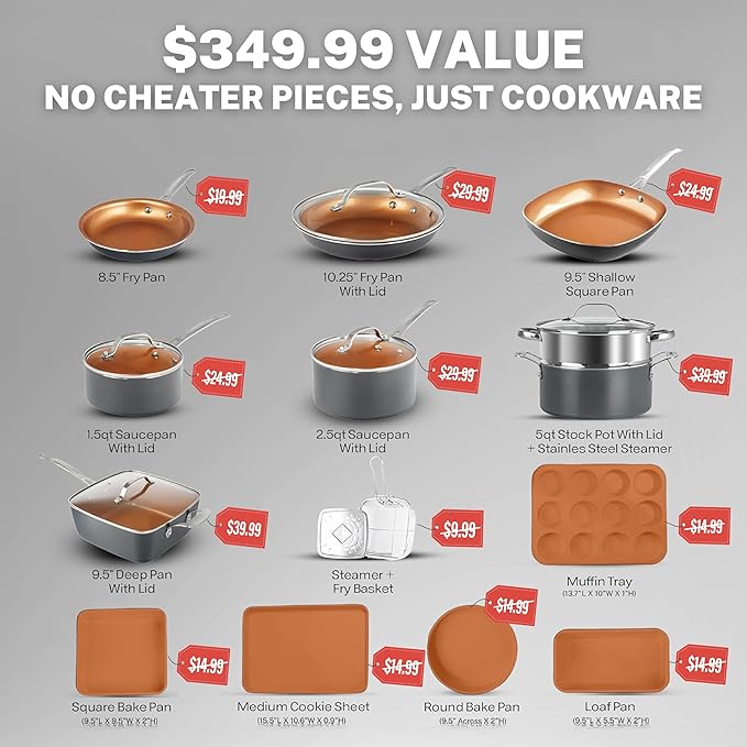 Gotham Steel True 20 Pc Ceramic Cookware Set Nonstick, Ceramic Pots and Pans Set Non Stick with Deep Square Pan Set & Bakeware Set, Non Toxic PFOA PFOS Free, Oven & Dishwasher Safe, No Cheater Pieces