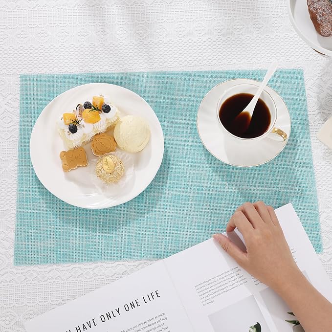 SHACOS Placemats Set of 6 Woven Vinyl Place Mats Wipeable Heat Resistant Washable Table Mats Indoor Outdoor, Blue