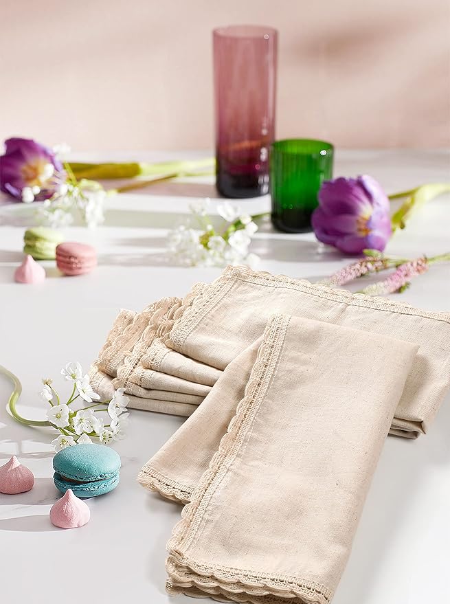 Hausattire Cloth Napkins 12 Pack 20x20 Inches Flax Cotton Washable and Reusable Table Dinner Napkins with Lace for Hotel,Weddings,Thanksgiving Decor| Highly Absorbent Cloth Napkins|Natural