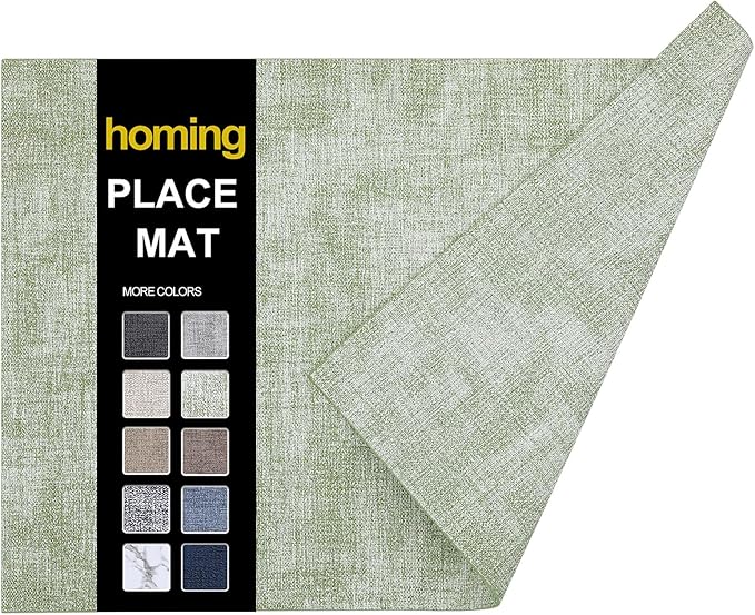 homing Faux Leather Heat Resistant Placemats 6 Packs, Waterproof Wipeable Dining PU Place Mats for Indoor & Outdoor, Easy to Clean, Light Green