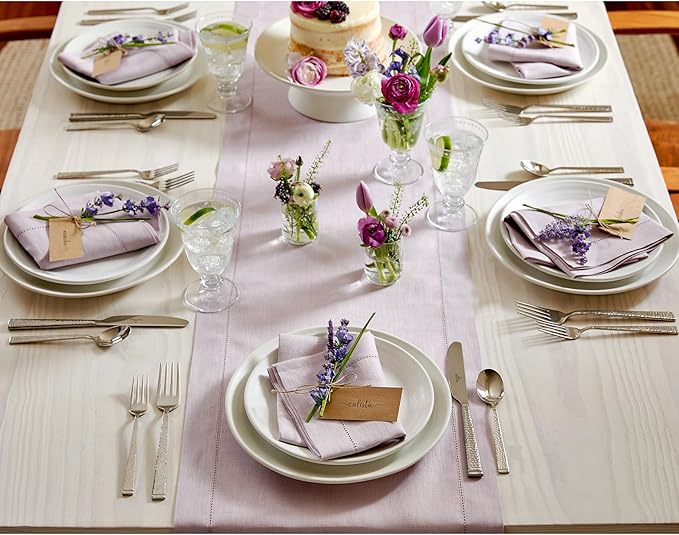 Solino Home Linen Napkins Set of 6 - Classic Hemstitch 100% Pure Linen Lilac Dinner Napkins Cloth 20 x 20 Inch - Handcrafted and Machine Washable