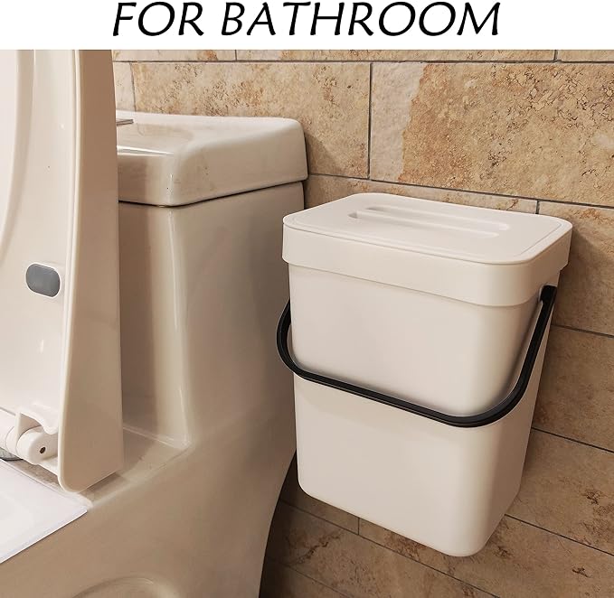 stonespace Hanging Small Trash Can with Lid Under Sink for Kitchen，1.3 Gallon/ 5L Mountable Compost Pail，Kitchen Compost Bin for Countertop, White