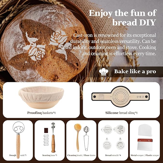 Cast Iron Dutch Oven for Bread Baking, 5QT Cast Iron Bread Pan with Lid, Sourdough Baking Supplies Tools like Banneton Proofing Basket, Bread Dutch Oven