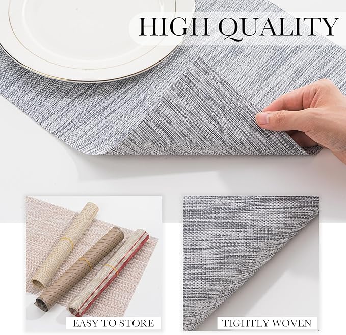 BACKTOEDEN Placemats Set of 6 Heat Resistant Washable Wipeable Placemats Woven Non-Slip Foldable Vinyl/Plastic Placemat Indoor/Outdoor Place Mats Kitchen Dining, Gray Silver Line