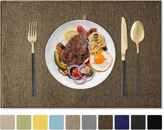 Romanstile Cloth Placemats Set of 6-12 x 18 Inch, Heat Resistant Double Layered Thickened Burlap Place Mats, Washable Faux Linen Farmhouse Table Mats for Kitchen/Dining/Party/Outdoor, Brown