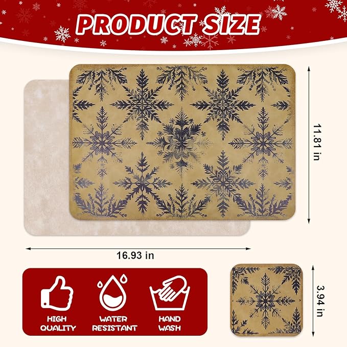 Le courant 16.9in 6PACK Christmas Blue Snowflake Placemats with 6 Coasters, Reversible Faux Leather Easy Clean Waterproof Stain Resistant Place Mats, for Home Party Dining Holiday Table Decor