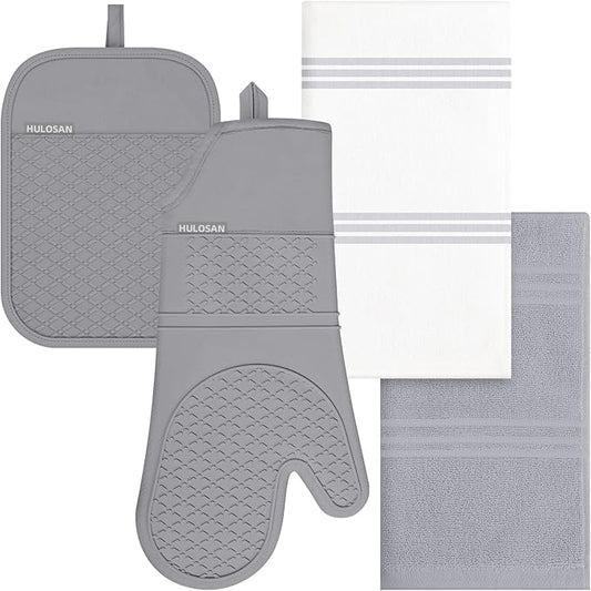 Oven Mitt and Pot Holders Sets, Quilted Cotton Terry Cloth,Non-Slip Pot Holder, Silicone Oven Mitt Heat Resistant, Oven Mittens 7.3"x14.2", Hot Pad 7"x10" & Dish Cloths 13"x25"