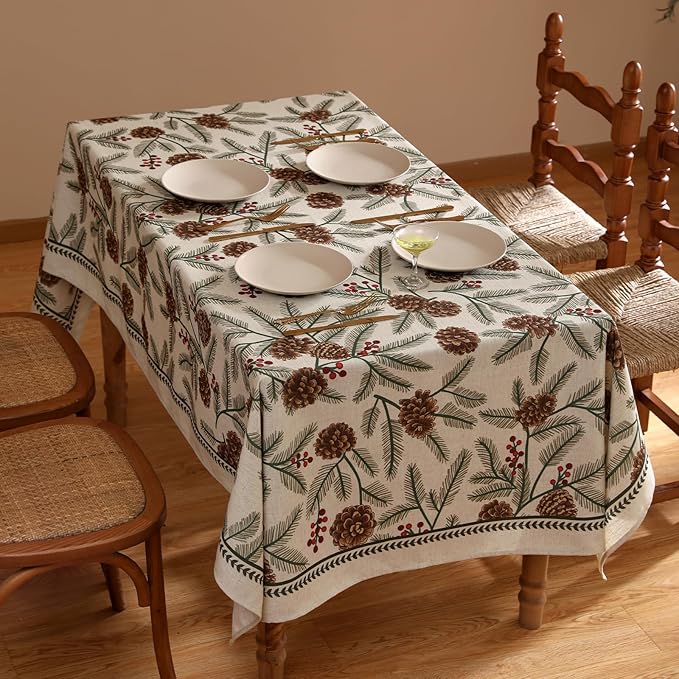 Christmas Tablecloth for Rectangular Tables,Linen Table Cloth with Leaves and Pinecones Pattern,Heavy Durable Table Cover for Dining Thanksgiving Kitchen Party Banquet Christmas,63"*102"