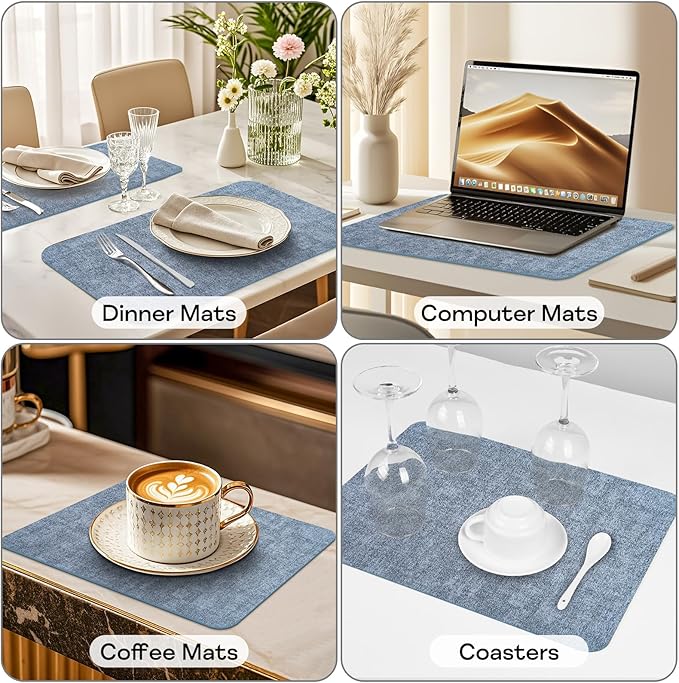 Vinly Placemats Set of 6 - Waterproof Wipeable Faux Leather Table Place Mats Heat Resistant Anti Slip Table Mats for Dining, Indoor, Outdoor, 15.8" x 11.8" (Blue,)