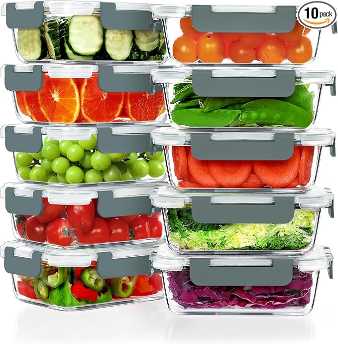 VERONES 10 Pack 22 OZ Glass Meal Prep Containers, Airtight Glass Lunch Containers Set, Glass Food Storage Containers with Lids,Exclusive of BPA, for Microwave, Oven, Freezer & Dishwasher Friendly,Grey