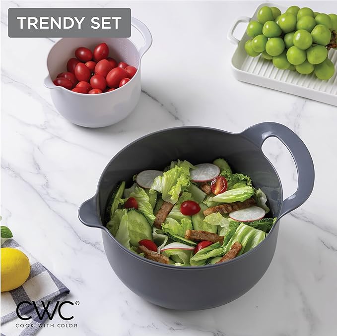COOK WITH COLOR Nesting Plastic Mixing Bowl Set with Pour Spouts and Handles, Gray, 6 Piece Non-Slip