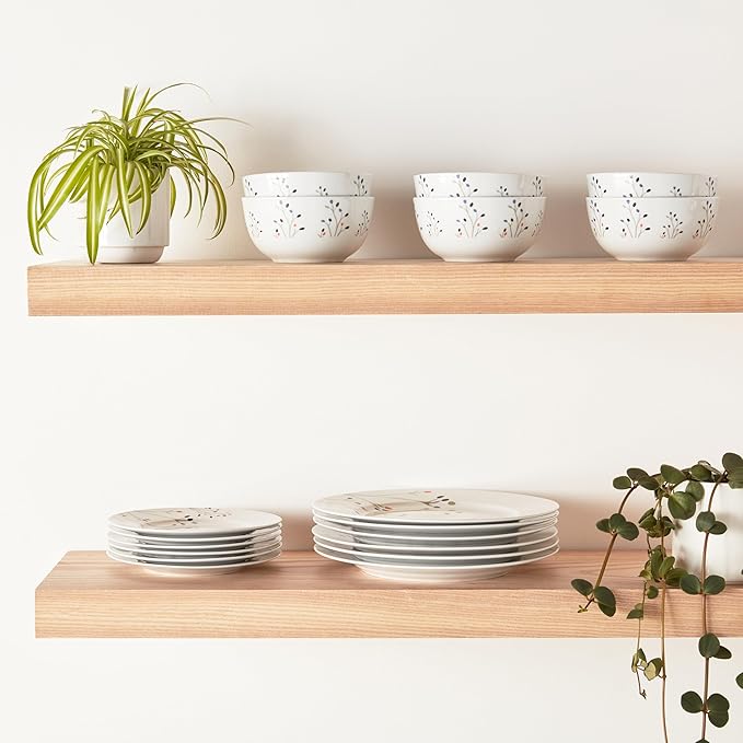 Amazon Basics Dinnerware Set, Microwave and Dishwasher Safe, Service for 6, 18-Piece Complete Kitchen, Plates, Dishes, Bowls, Branches