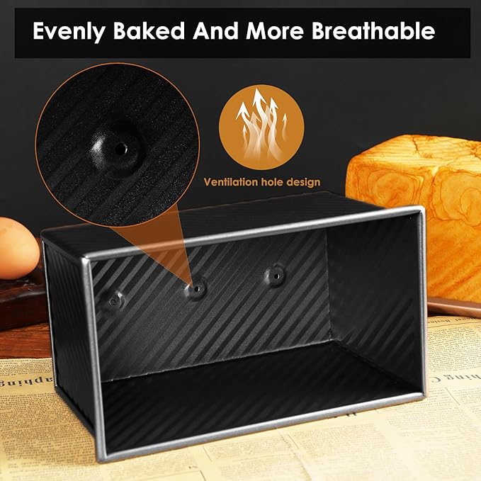 1lb Bread Pan with Dough Scraper Cutter, 8.4 X4.8inch Black Bread Loaf Pan, Rectangular Covered Metal Pullman Loaf Pan with Lid for Homemade Sandwich Bread