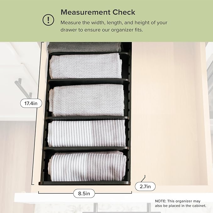 Bamboo Kitchen Towel and Food-Storage Organizer, Perfect for Kitchen Drawers, Cabinets, Pantry, 5 Adjustable Wall Inserts, Non-Slip Feet, Food-Safe Black Finish