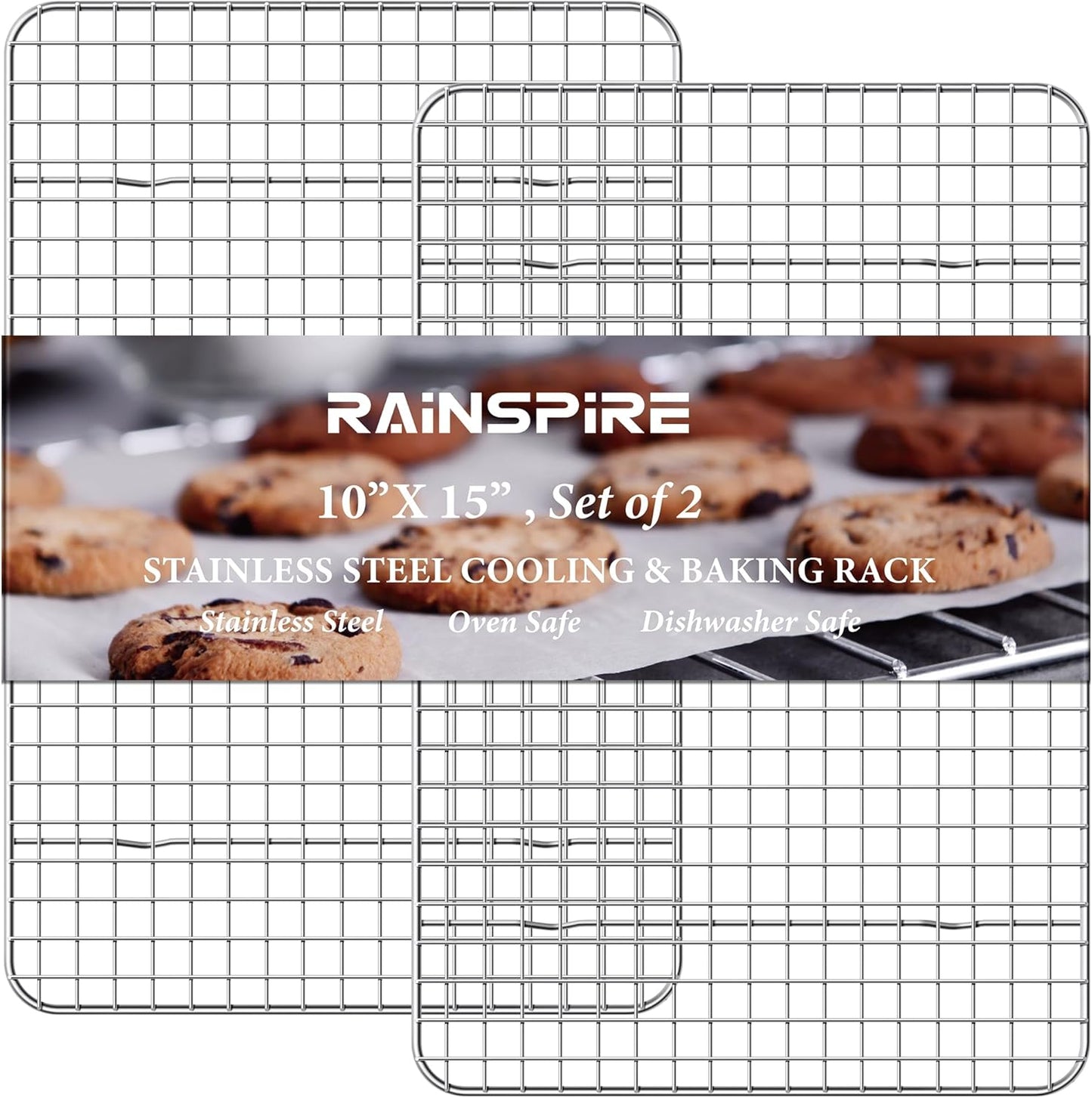 Oven-Safe Dishwasher-Safe 100% 304 Stainless Steel Cooling Rack 10" x 15" Heavy Duty Tight-Wire Set of 2 Fits Jelly Roll Pan Half Sheet Pan