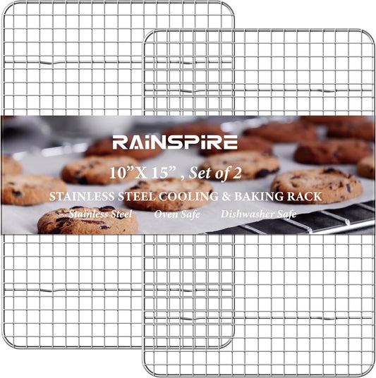 Oven-Safe Dishwasher-Safe 100% 304 Stainless Steel Cooling Rack 10" x 15" Heavy Duty Tight-Wire Set of 2 Fits Jelly Roll Pan Half Sheet Pan
