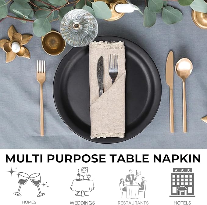 Bedding Craft Linen Flax Cotton Cloth Napkins 18x18 with Lace – Set of 72 – Machine Washable Reusable Fabric Napkins for Weddings, Cocktail Parties, Events & Table Settings (6 Dozen)