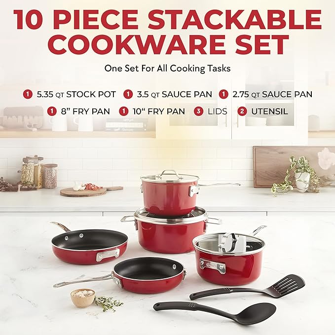 Gotham Steel 10 Piece Pots and Pans Set Non Stick Cookware Set, Kitchen Cookware Sets, Pot and Pan Set, Pot Set, Non Toxic Cookware Set, Frying Pan Set, Dishwasher Safe