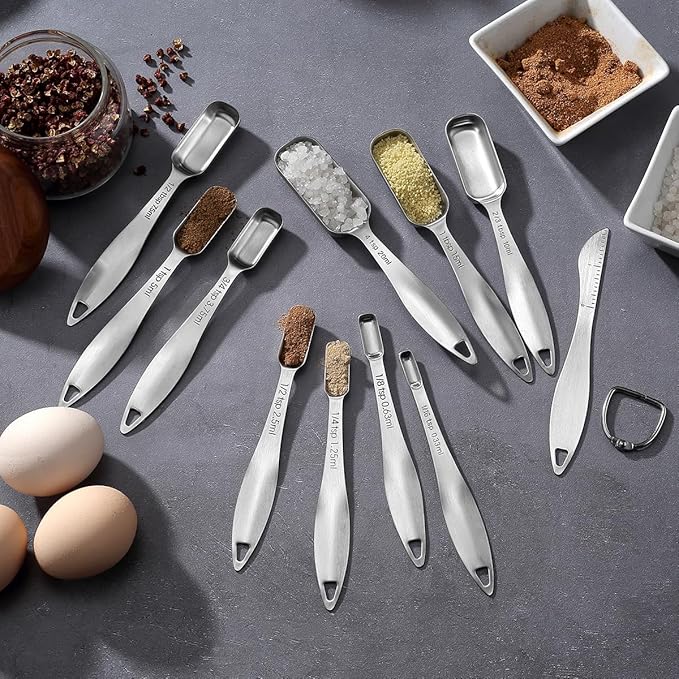 18/8 Stainless Steel Measuring Spoons Set of 16 Pieces, Includes 10 Narrow, 1 Leveler and 5 Mini Spoons