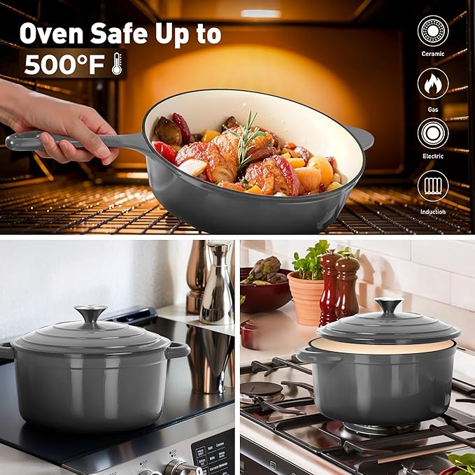 DishDelight Enameled Cast Iron Cookware Set, 7 Piece Set of Dutch Ovens, Sauce Pan, Skillet, 3 Lids, Ceramic Coated Cast Iron Dutch Oven Set, Round Dutch Oven Pot for Sourdough Bread Baking, Gray