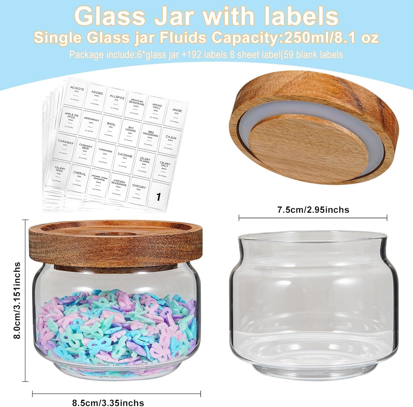 Glass Spice Jar Coffee Sugar Container Airtight Glass Jar Food Storage Canisters Bottle for Kitchen Seasoning Tea Herb Overnight Oats Bar Parfait Snacks (6 * 250ml(8.4oz))