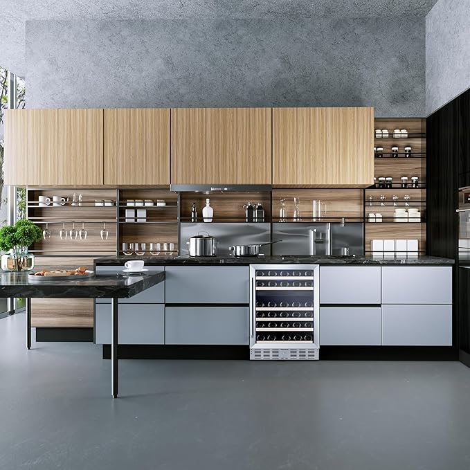 52 Bottle Wine Fridge with Lock, 24 Inch Wine Refrigerator for Red, White, Champagne, Beer, Dual Temperature Zone, Built-In or Freestanding, Wood Shelves, Stainless Steel Glass Door