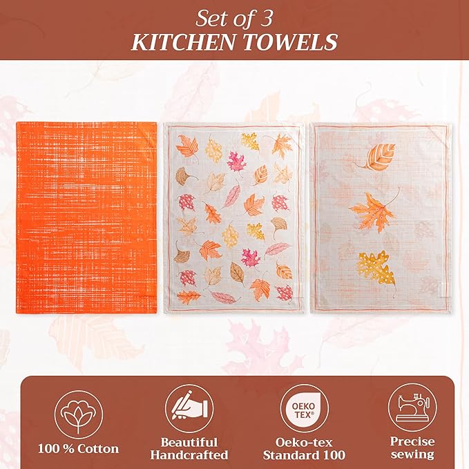 Maison d' Hermine Kitchen Towels Set of 3 100% Cotton 20" x 27.5" Reusable Cloth Tea Dish Towels Absorbent with Hanging Loop for Kitchen Dining Thanksgiving Christmas Decorations (Colours of Autumn)