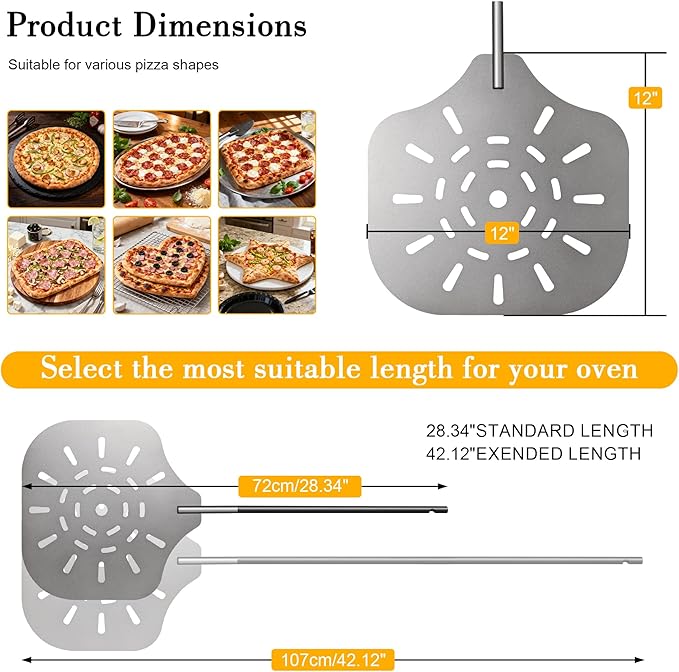 Pizza Peel 12" Pizza Paddle with Detachable Iron Handle, Adjustable 28"–42" Heat Resistant Pizza Spatula for Baking Bread, Pastry, Outdoor Pizza Oven