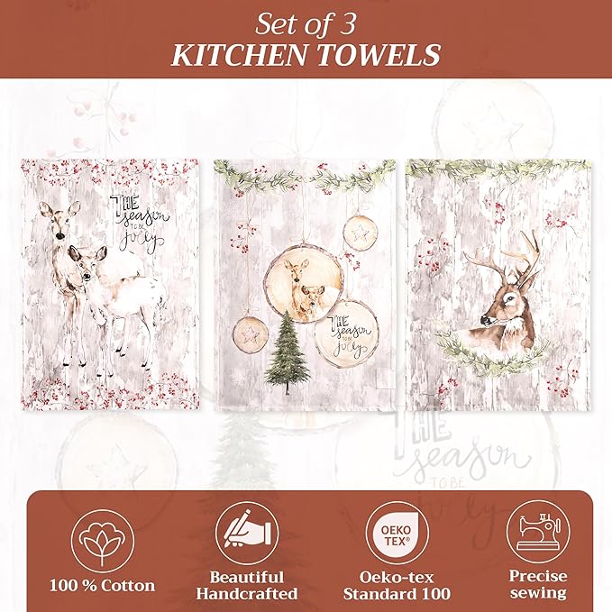 Maison d' Hermine Kitchen Towels Set of 3 100% Cotton 20" x 27.5" Reusable Cloth Tea Dish Towels Absorbent with Hanging Loop for Kitchen Dining Thanksgiving Christmas Decorations (Mountain Life)