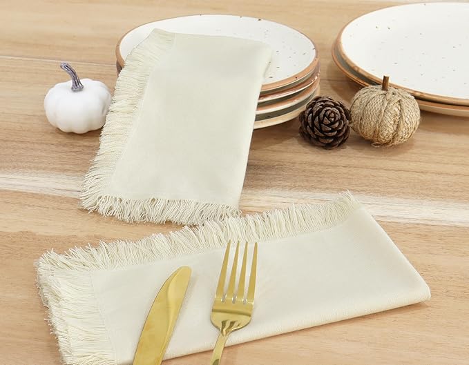 PurpleEssences Cloth Napkins with Fringes, 100% Cotton Christmas Holiday Winter Table Decor, Set of 6 18x18 Inch Reusable Dinner Napkins for Parties and Weddings - Royal Linen