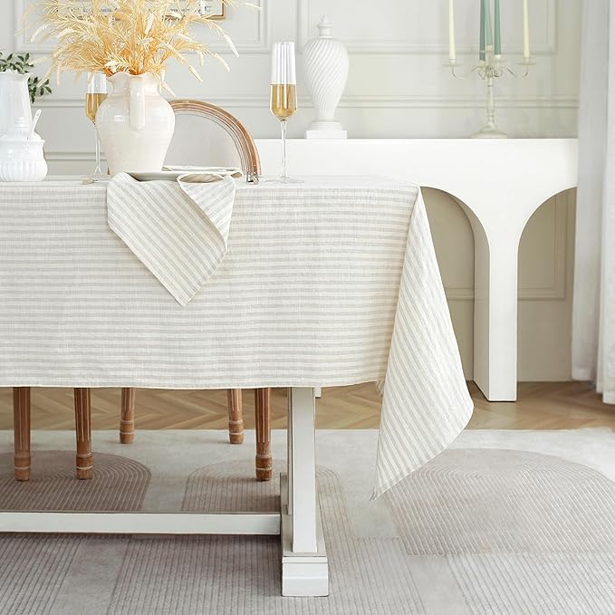 Linen World Stripe Linen Tablecloth, 100% French Natural Stripe Table Cloth 55" x 55" Inch, Washable Square Tablecloth for Dining, Outdoor, Weddings and Restaurants, Decorative Valentine Easter