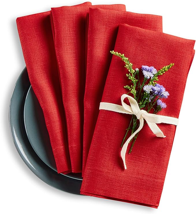 Solino Home Red Linen Napkins Set of 4-100% Pure Linen Cloth Washable Dinner Napkins 20 x 20 Inch for Christmas, Holiday, Winter - Fete