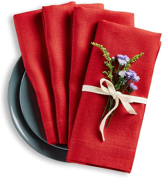 Solino Home Red Linen Napkins Set of 4-100% Pure Linen Cloth Washable Dinner Napkins 20 x 20 Inch for Christmas, Holiday, Winter - Fete