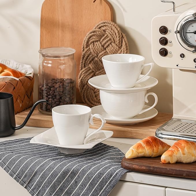 10 oz Cappuccino Cups with Saucers, Ceramic Espresso Coffee Cups Set of 4, White Latte Cup and Saucer, Elegant Tea Mugs Set, Microwave Dishwasher Safe Drinkware for Cafe, Housewarming Gift