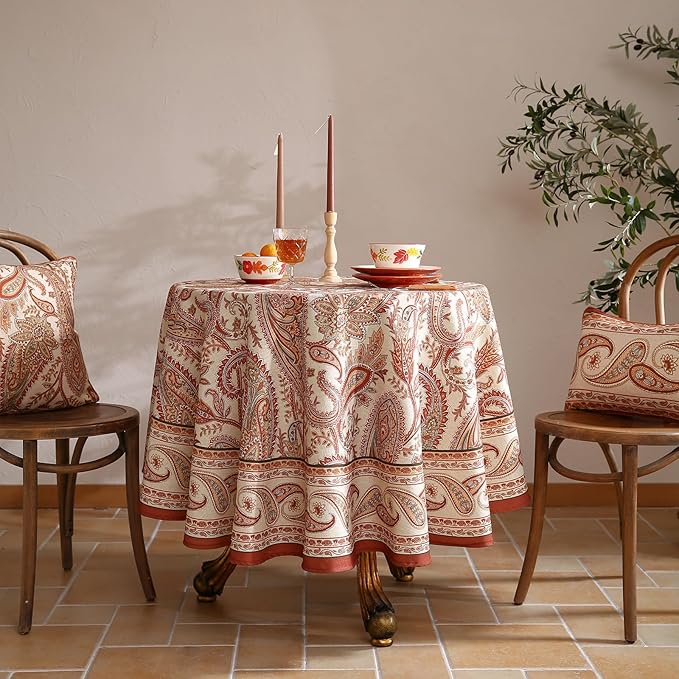 Design Linen Tablecloth for Round Tables,Paisley Style Table Cloth with Cashew Pattern,Heavy Durable Table Cover for Dining Thanksgiving Kitchen Decor Party Christmas,Diameter 67"