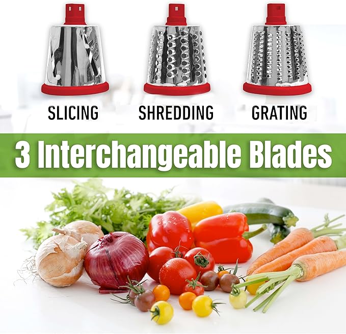 Rotary Cheese Grater with Handle, Cheese Grater Hand Crank, Fast Cutting Grater for Kitchen with 3 Interchangeable Blades, Vegetable Slicer, Cheese Shredder with Suction Cup Base, Dishwasher Safe