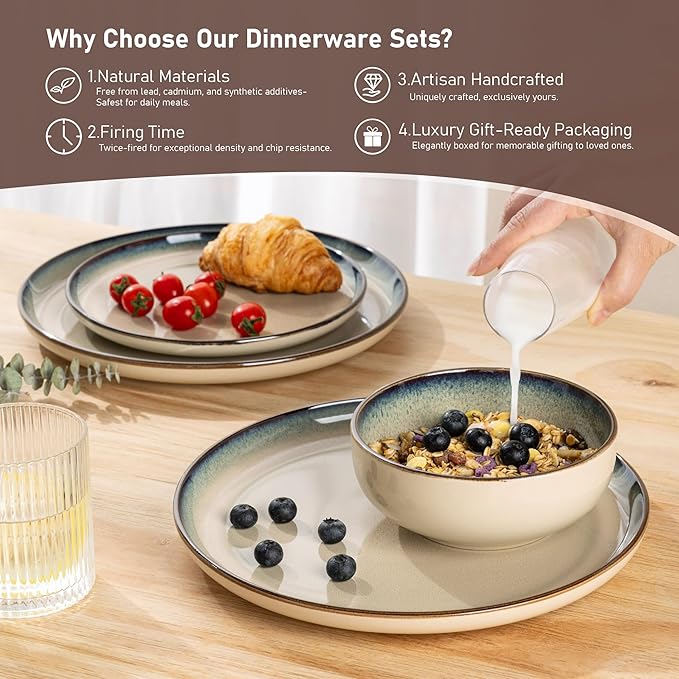 GBHOME Ceramic Dinnerware Sets for 8, 24 Pieces Stoneware Plates and Bowls Sets, Reactive Glaze Dishes -Scratch Resistant, Dishwasher&Microwave Safe, Pale Khaki