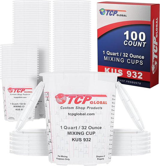 Custom Shop Paint Mixing Cups, 32-Ounce (Box of 100) - Plastic Measuring Cups for Liquids, Automotive Painting, Epoxy Resin, Acrylic Arts, Crafts, Disposable or Reusable, Graduated, Mixing Ratios