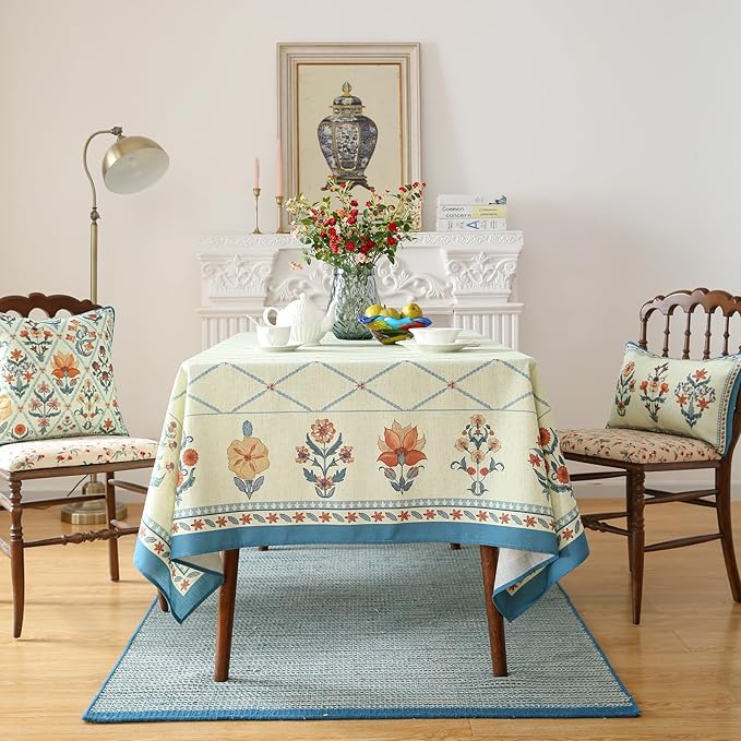 French Tablecloth for Rectangle Tables,Linen Table Cloth with Colorful Flowers and Leaves Pattern,Heavy Durable Soft Table Cover for Dining Thanksgiving Kitchen Party Christmas,67"*118"