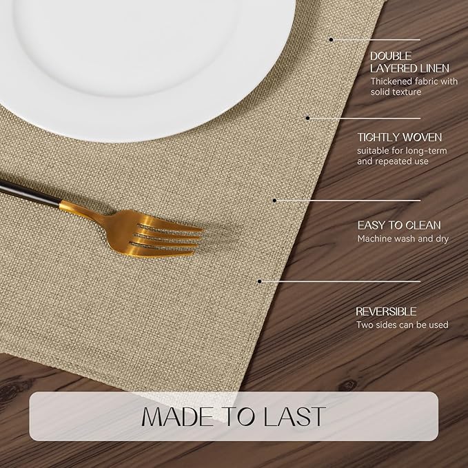 Romanstile Cloth Placemats Set of 6-12 x 18 Inch, Heat Resistant Double Layered Thickened Burlap Place Mats, Washable Faux Linen Farmhouse Table Mats for Kitchen/Dining/Party/Outdoor, Khaki