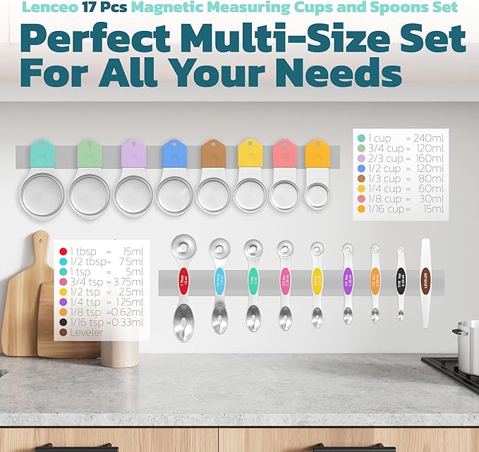 Magnetic Measuring Cups and Spoons Set of 17 - Stackable Stainless Steel Magnetic Measuring Spoons Set with Leveler - Dual Marking Scale Measuring Cup for Dry and Liquid Ingredients, Baking & Cooking